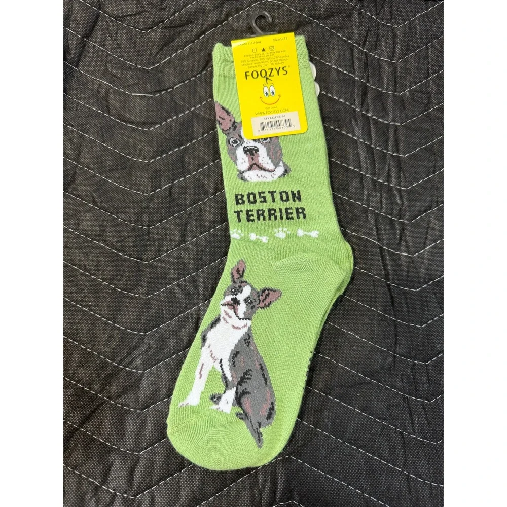Foozys Boston Terrier Socks Womens 9-11 Green NWT Canine Collection Novelty Dog